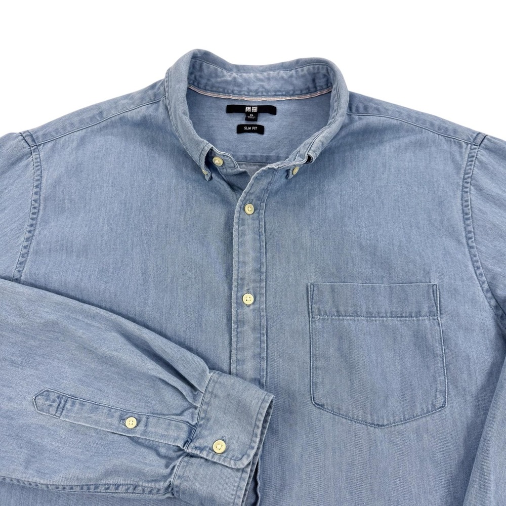 Uniqlo Denim Shirt Mens XL Blue Chambray Long Sleeve Button Down Slim Fit Pocket